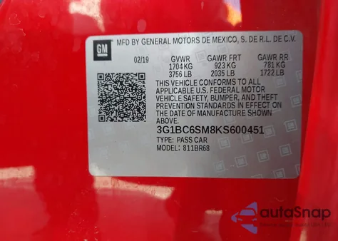 2019 Chevrolet Cruze Ls z USA, uszkodzony, nr VIN 3G1BC6SM8KS600451